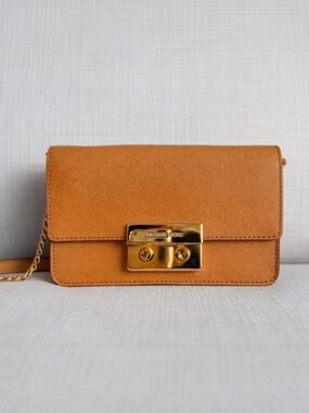 Michael Kors Cognac Saffiano Leather Crossbody Bag Gold Chain Strap